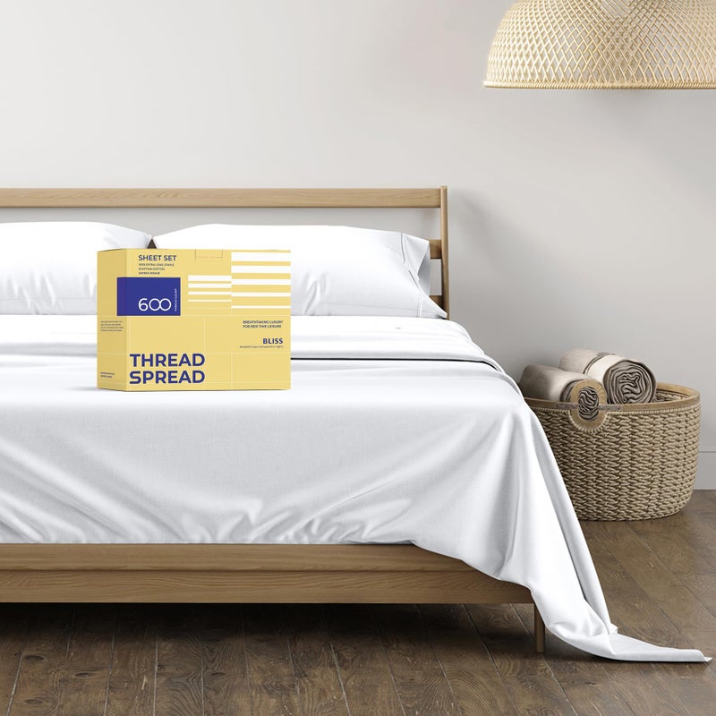 THREAD SPREAD 100% Egyptian Cotton Sheets Set California King Size - 600 Thread Count 4 PC White Luxury Sheet Cal King Size, Soft, Cooling Hotel Luxury Bed Sheets & Pillowcases, Fits Mattress upto 18" - Image 1